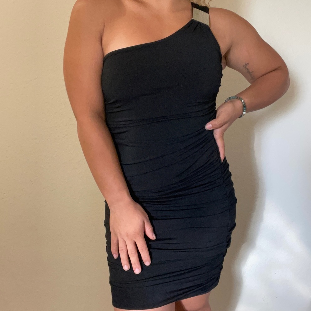 Black half shoulder dress